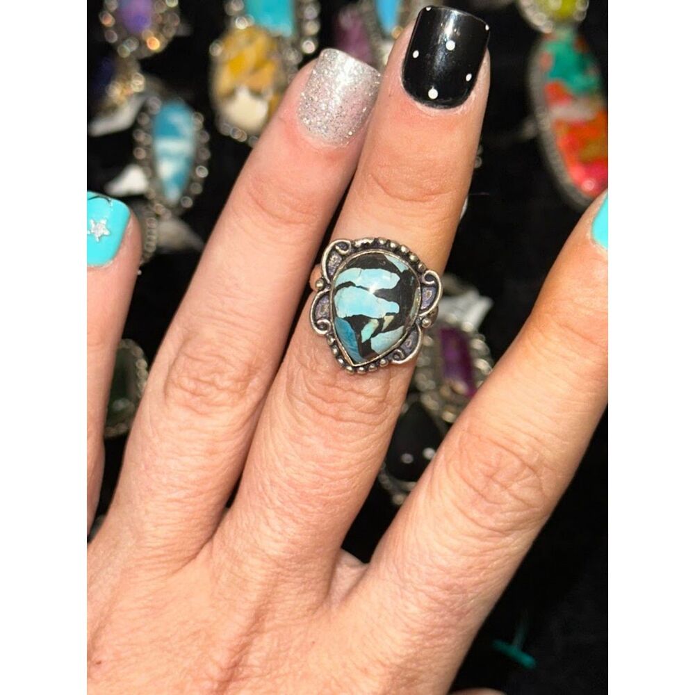 Turquoise Teardrop Sterling Overlay Ring Size 5